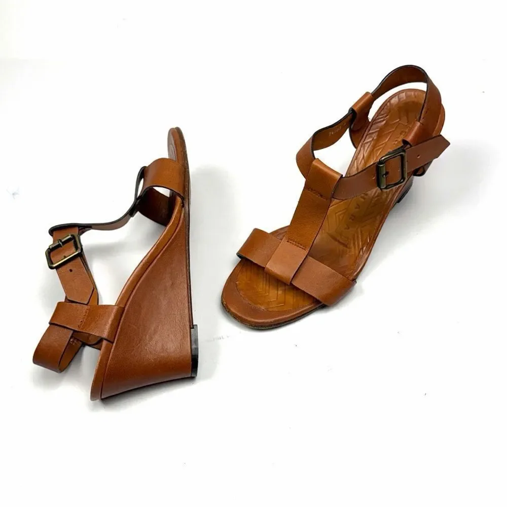 CHIE MIHARA Wedge High Heels Sandals Cognac Leather T-strap size 36,5 US 6,5